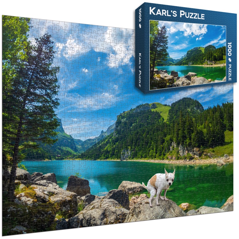 Lustiges Puzzle Bergpanorama mit Hund