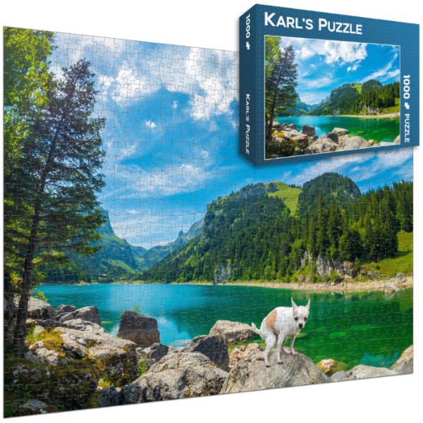 Lustige Puzzle als Geschenkidee, als Weihnachtsgeschenk, Geburtstagsgeschenk, Ostergeschenk oder JGA Geschenk mit Bergpanorama und Hunde Motiv